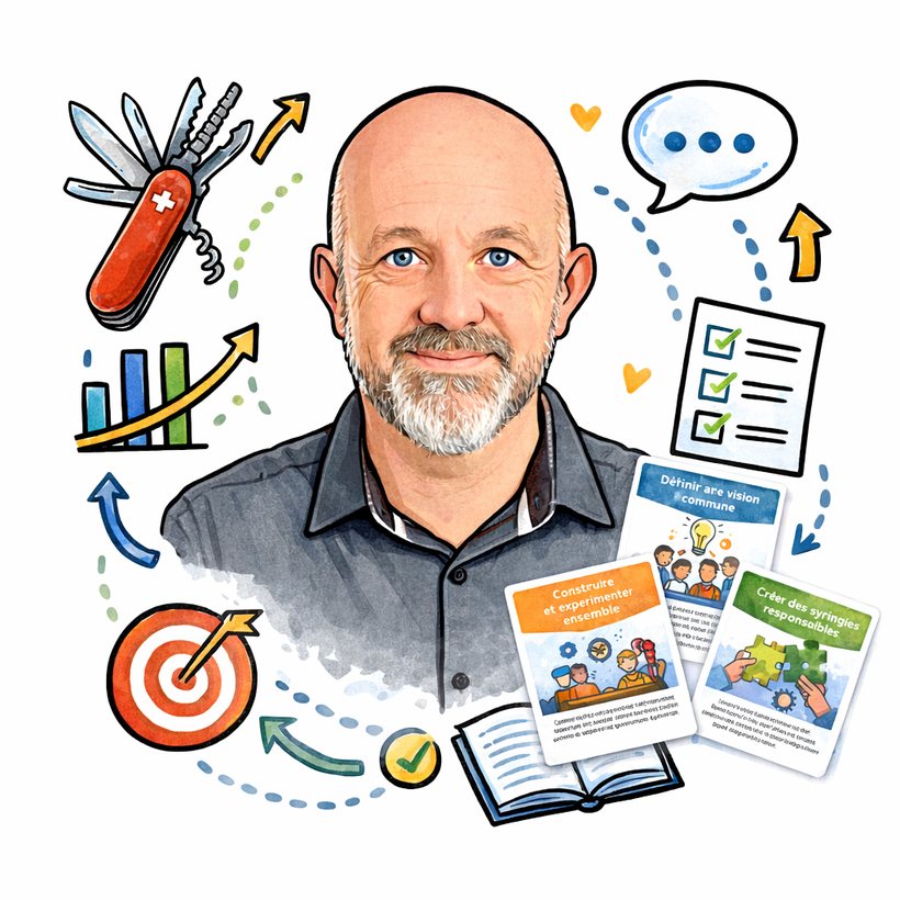Portrait illustré de Gilbert Macrez entouré de ses outils de facilitation visuelle